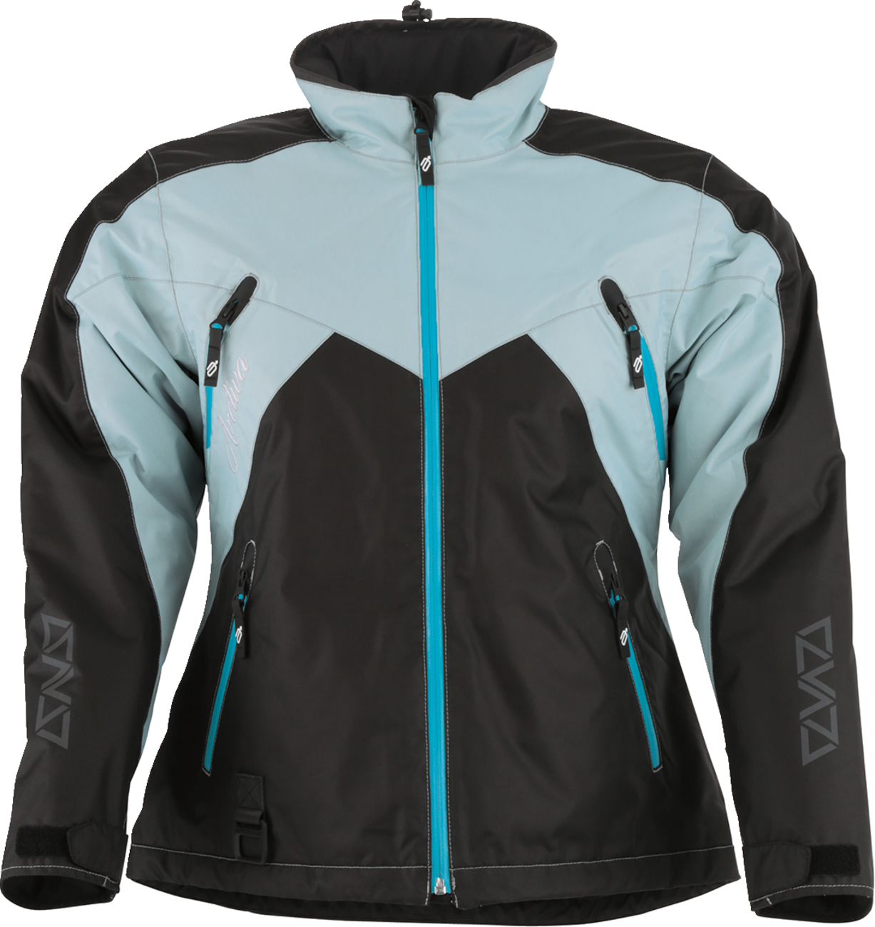 Black, blue, and gray ARCTIVA Women's Pivot 6 jacket by Bill's Exhausts, shown in 2XL with front zipper and hood detail.