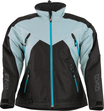 Black, blue, and gray ARCTIVA Women's Pivot 6 jacket by Bill's Exhausts, shown in 2XL with front zipper and hood detail.