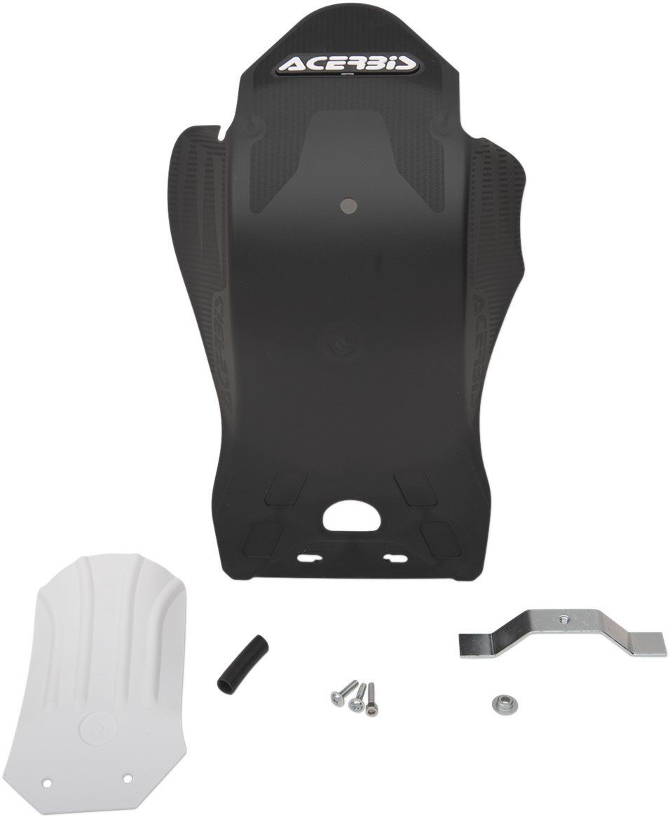 Black ACERBIS skid plate for KX 250/450 motocross bikes, designed to protect the body and frame during riding.