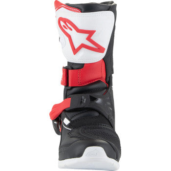 Alpinestars Kids Tech 3S motorcycle boots in red, black, and white with sturdy design and adjustable straps.
