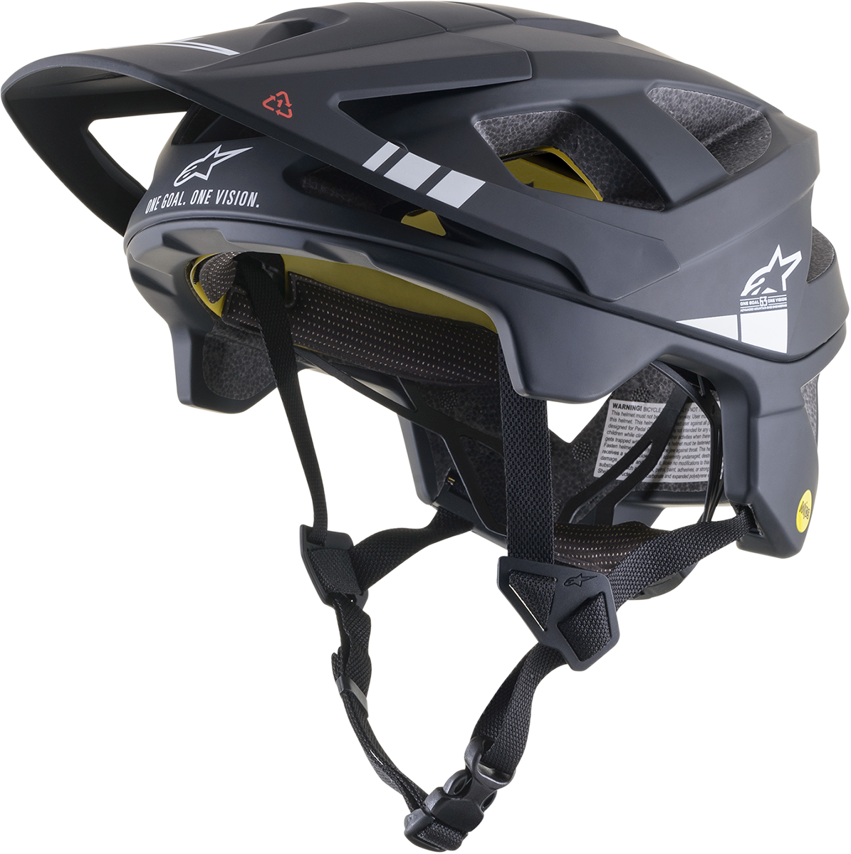 Alpinestars Vector Tech bicycle helmet in black and light gray matte with MIPS® protection, medium size, shown front and side view.