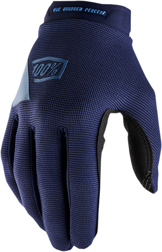 Bill's Exhausts Women's Ridecamp gloves in navy and slate, large size, showing the textured fabric and snug fit for cycling.
