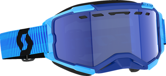 Scott Fury Snow Cross Goggle in blue and black with enhancer blue chrome lens, designed for snow sports and winter activities.