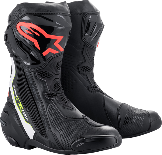 Alpinestars Supertech R motorcycle boots in black and red, US 9 / EU 43, with protective design and sporty appearance.