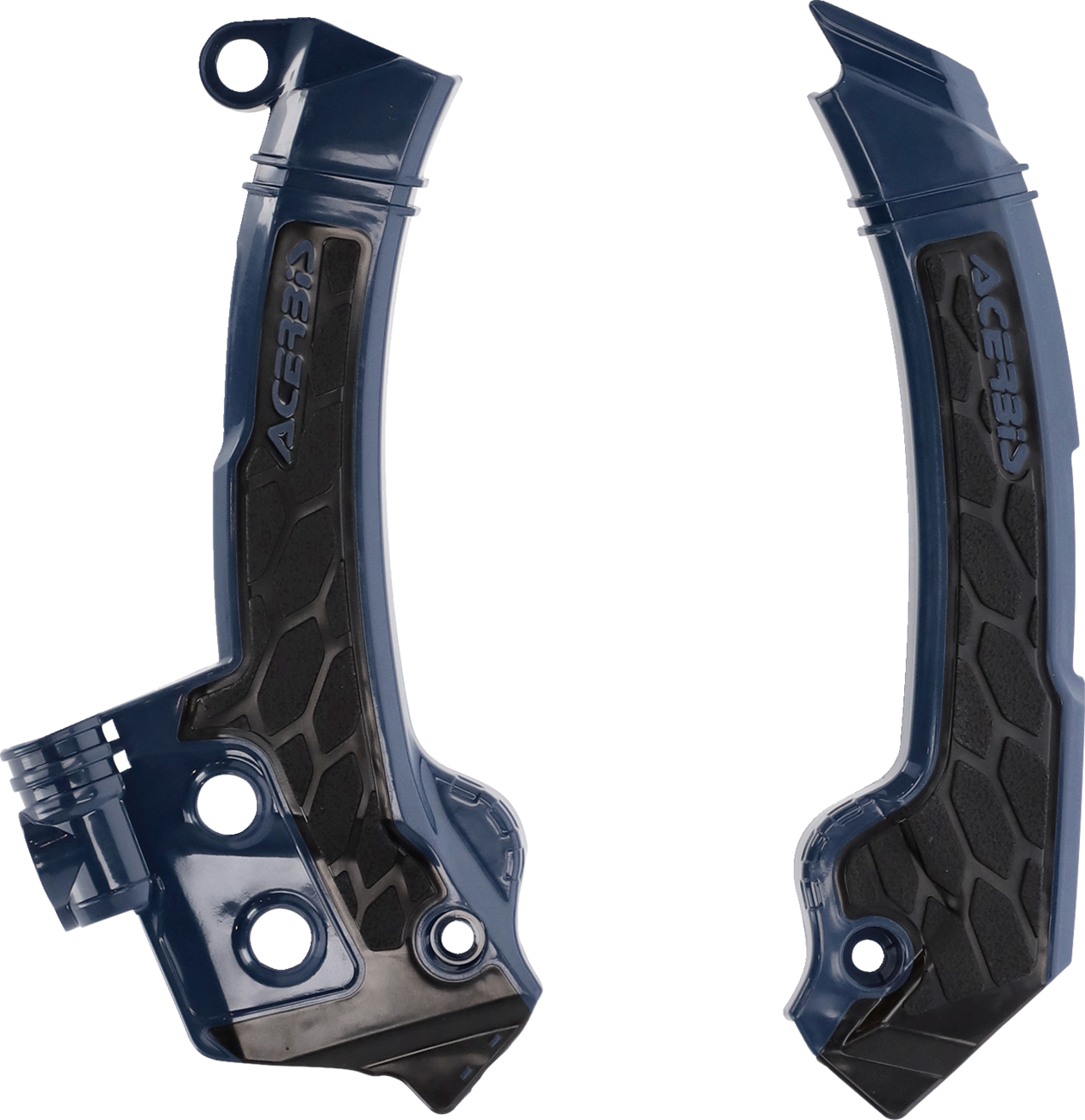 Blue and black Acerbis X-Grip frame guards for motorcycles, designed to protect the bike's body and frame.