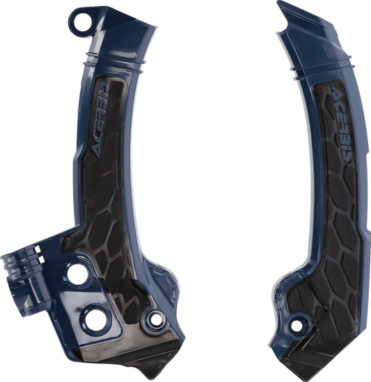 Blue and black Acerbis X-Grip frame guards for motorcycles, designed to protect the bike's body and frame.