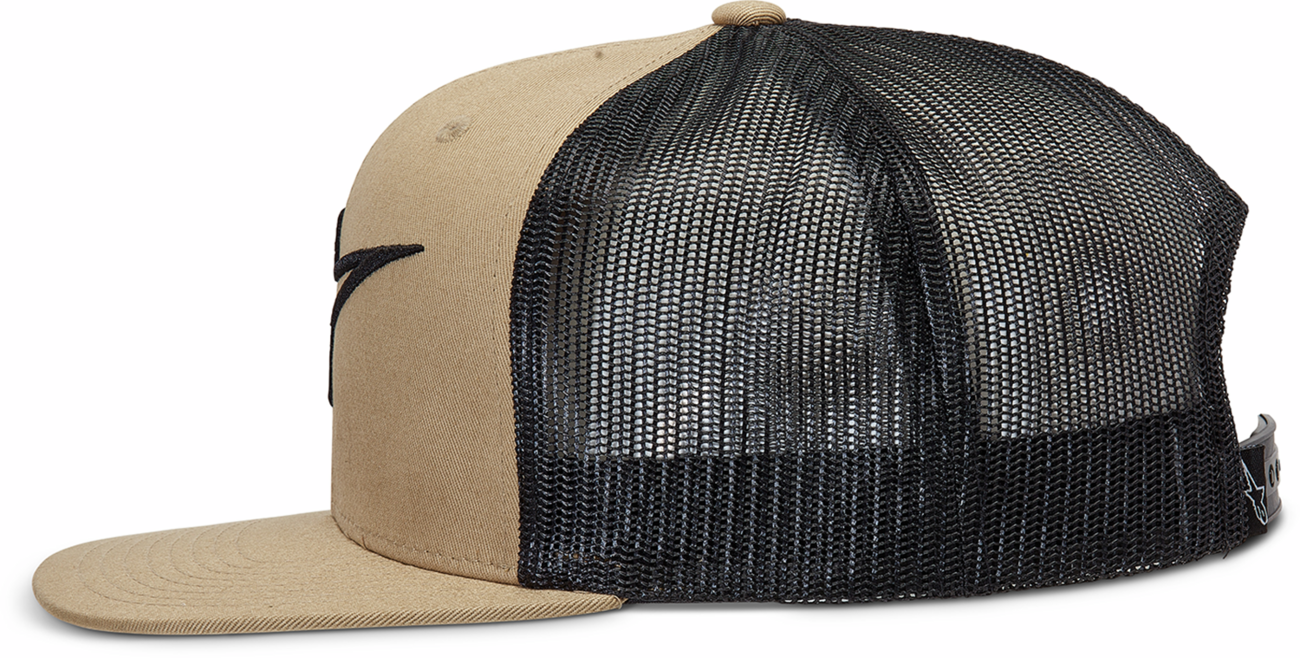 Bill's Exhausts Alpinstars Corp Trucker Hat in sand and black with adjustable snapback and embroidered logo on front.