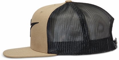 Bill's Exhausts Alpinstars Corp Trucker Hat in sand and black with adjustable snapback and embroidered logo on front.