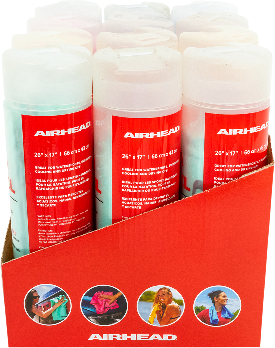 Set of 12 Bill's Exhausts AIRHEAD SPORTS GROUP water absorbing towels in assorted colors, ideal for sports and outdoor use.