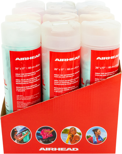 Set of 12 Bill's Exhausts AIRHEAD SPORTS GROUP water absorbing towels in assorted colors, ideal for sports and outdoor use.