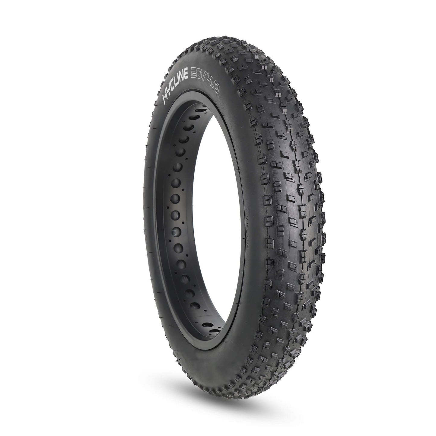 Hycline Raider fat bike and e-bike tire with rugged tread for off-road riding, black rubber with branding sidewall.