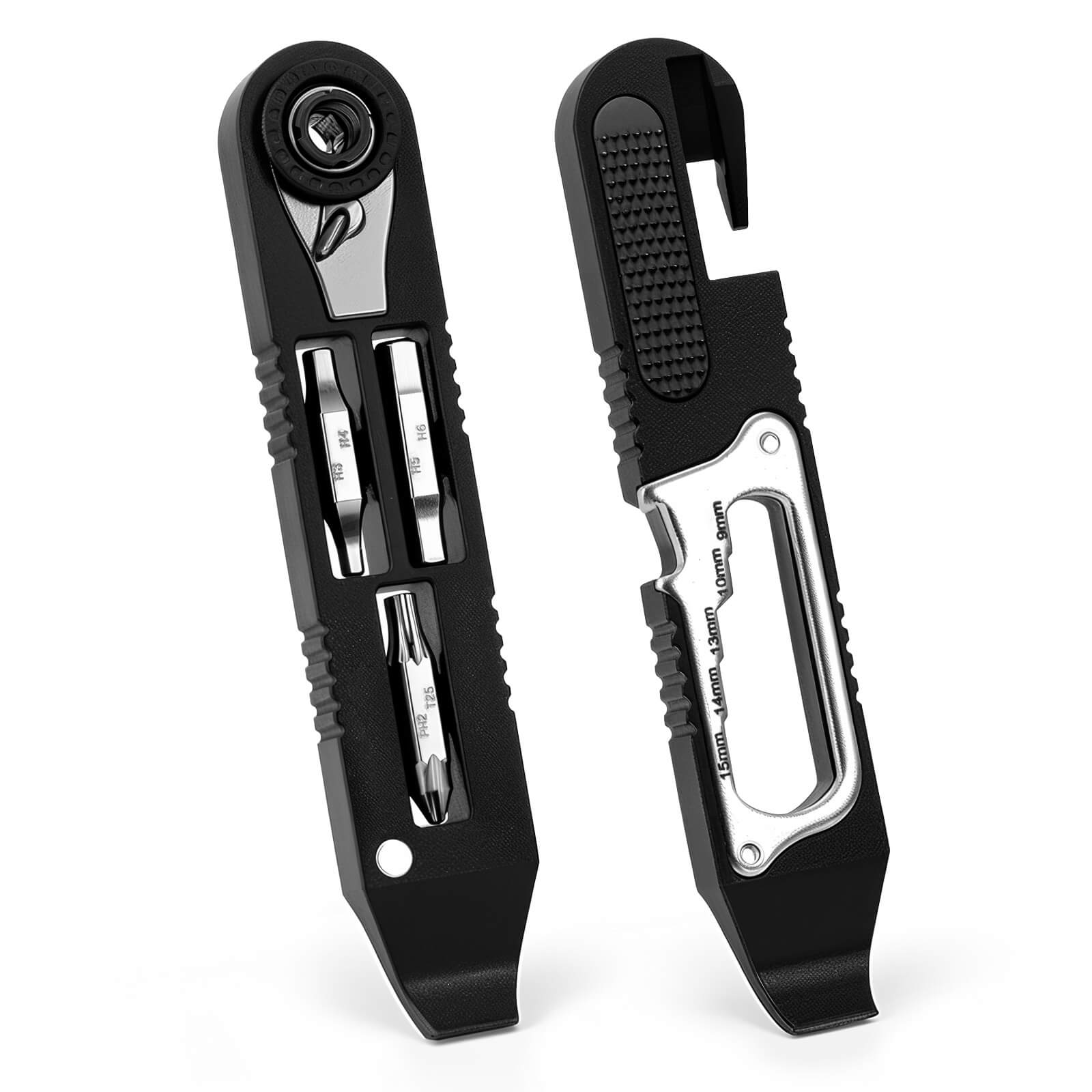 Hycline 14-in-1 bike tire repair kit with wrench, lever, screwdriver, corkscrew, and file blade for bicycle maintenance.