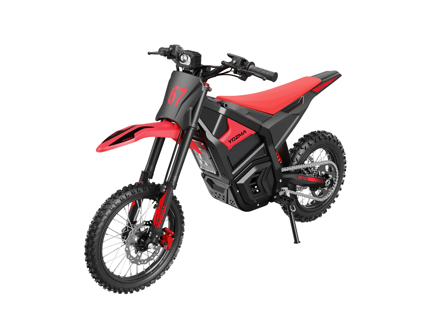 Yozma IN 10 electric mini dirt bike with 2600W motor, black frame, knobby tires, and handlebars for off-road riding.