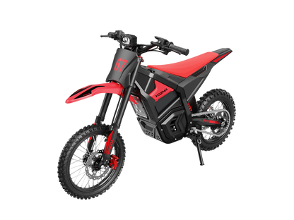 Yozma IN 10 electric mini dirt bike with 2600W motor, black frame, knobby tires, and handlebars for off-road riding.