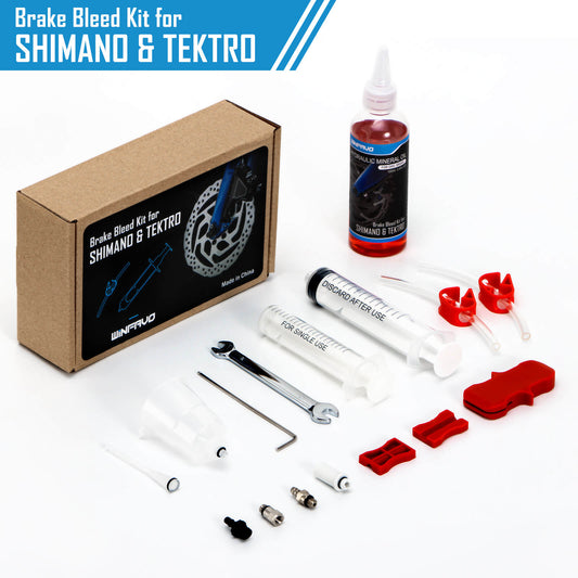 Hycline bike hydraulic brake bleeding kit for Shimano and Tektro bicycle parts, includes tools for brake maintenance and fluid refilling.