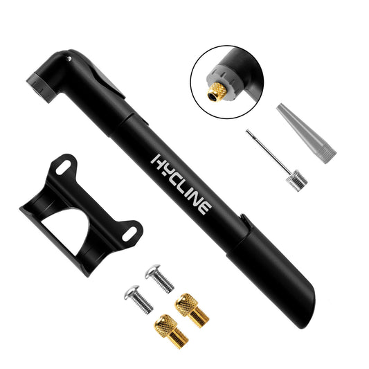 Hycline Mini Hand Pump for bicycles, 120 PSI, compact bicycle pump with ergonomic handle and pressure gauge for easy inflation.