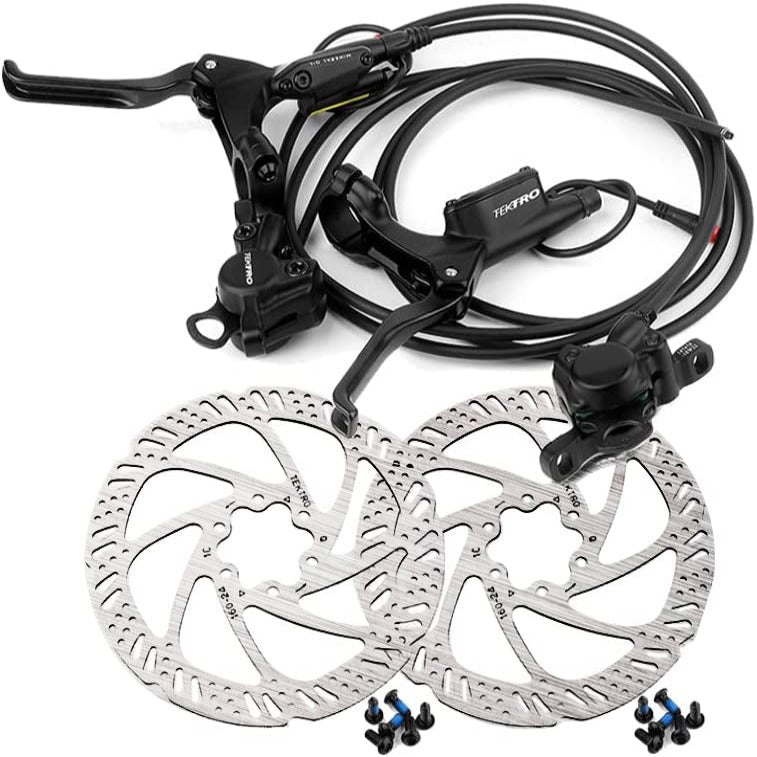 Hycline Tektro HD-E350 hydraulic disc brake set with front and rear brakes, rotors, and IS adapter for electric bikes.