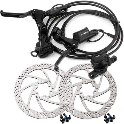 Hycline Tektro HD-E350 hydraulic disc brake set with front and rear brakes, rotors, and IS adapter for electric bikes.
