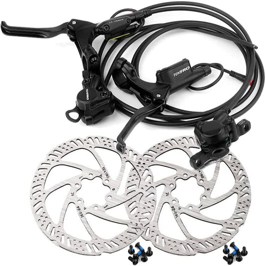 Hycline Tektro HD-E350 hydraulic disc brake set with front and rear brakes, rotors, and IS adapter for electric bikes.