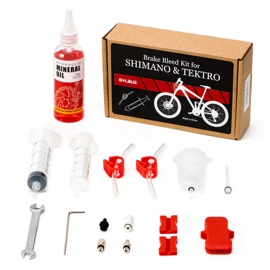 Hydraulic brake mineral oil bleed kit for Shimano, Tektro, TRP bikes by Hycline, includes tools for brake fluid maintenance.