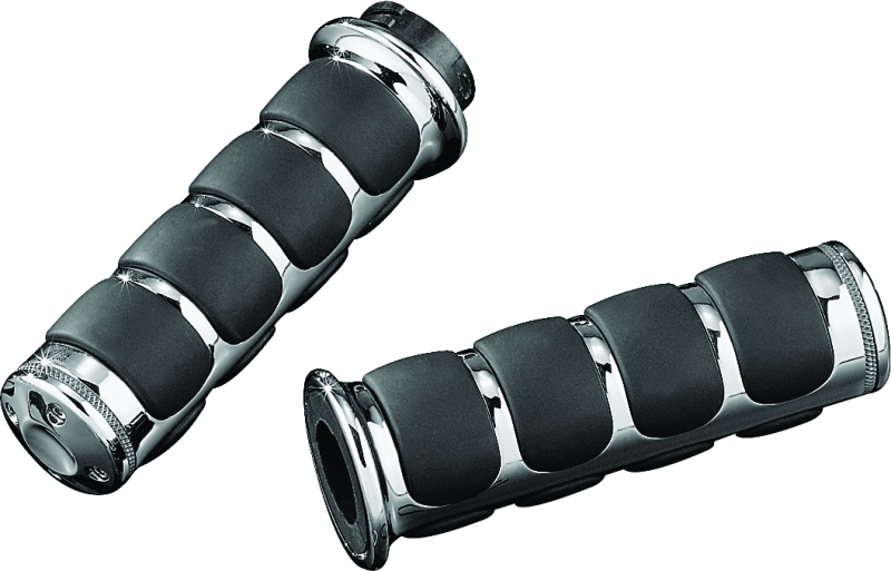Chrome Kuryakyn ISO grips without throttle boss for Harley-Davidson dual cable models, featuring textured rubber grips and chrome finish.