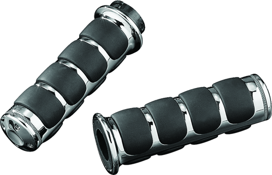 Chrome Kuryakyn ISO grips without throttle boss for Harley-Davidson dual cable models, featuring textured rubber grips and chrome finish.