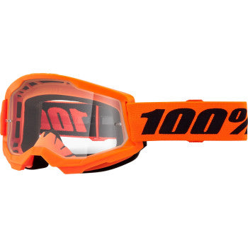 Bill's Exhausts 100% Strata 2 goggles in neon orange with clear lenses, designed for motorcycle or sports protection.