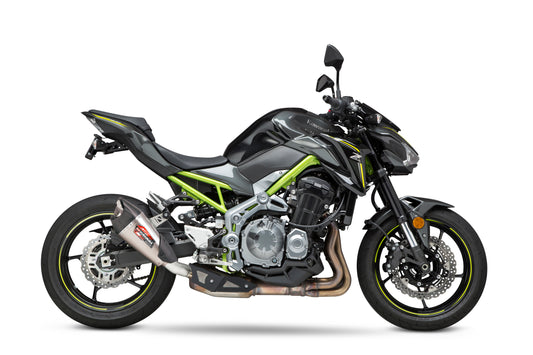 YOSHIMURA Yoshimura AT2 Street Series Exhaust for Kawasaki motorcycle, shown in a close-up image highlighting the exhaust pipe details.