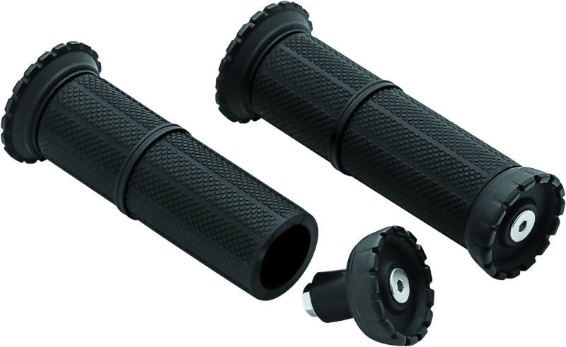 Kuryakyn Riot universal motorcycle grips in satin black for 1-inch handlebars, designed for Suzuki Intruder models.