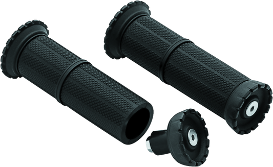 Kuryakyn Riot universal motorcycle grips in satin black for 1-inch handlebars, designed for Suzuki Intruder models.