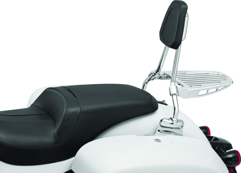 Chrome Kuryakyn luggage rack sissy bar for Harley-Davidson sissy bars, part #6580, mounted on motorcycle with chrome finish.