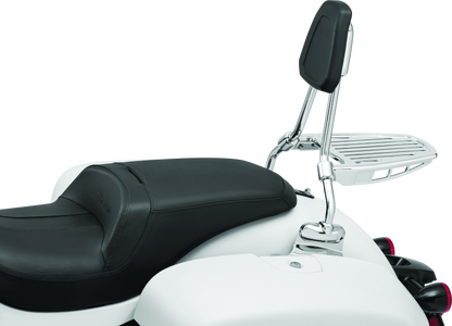 Chrome Kuryakyn luggage rack sissy bar for Harley-Davidson sissy bars, part #6580, mounted on motorcycle with chrome finish.