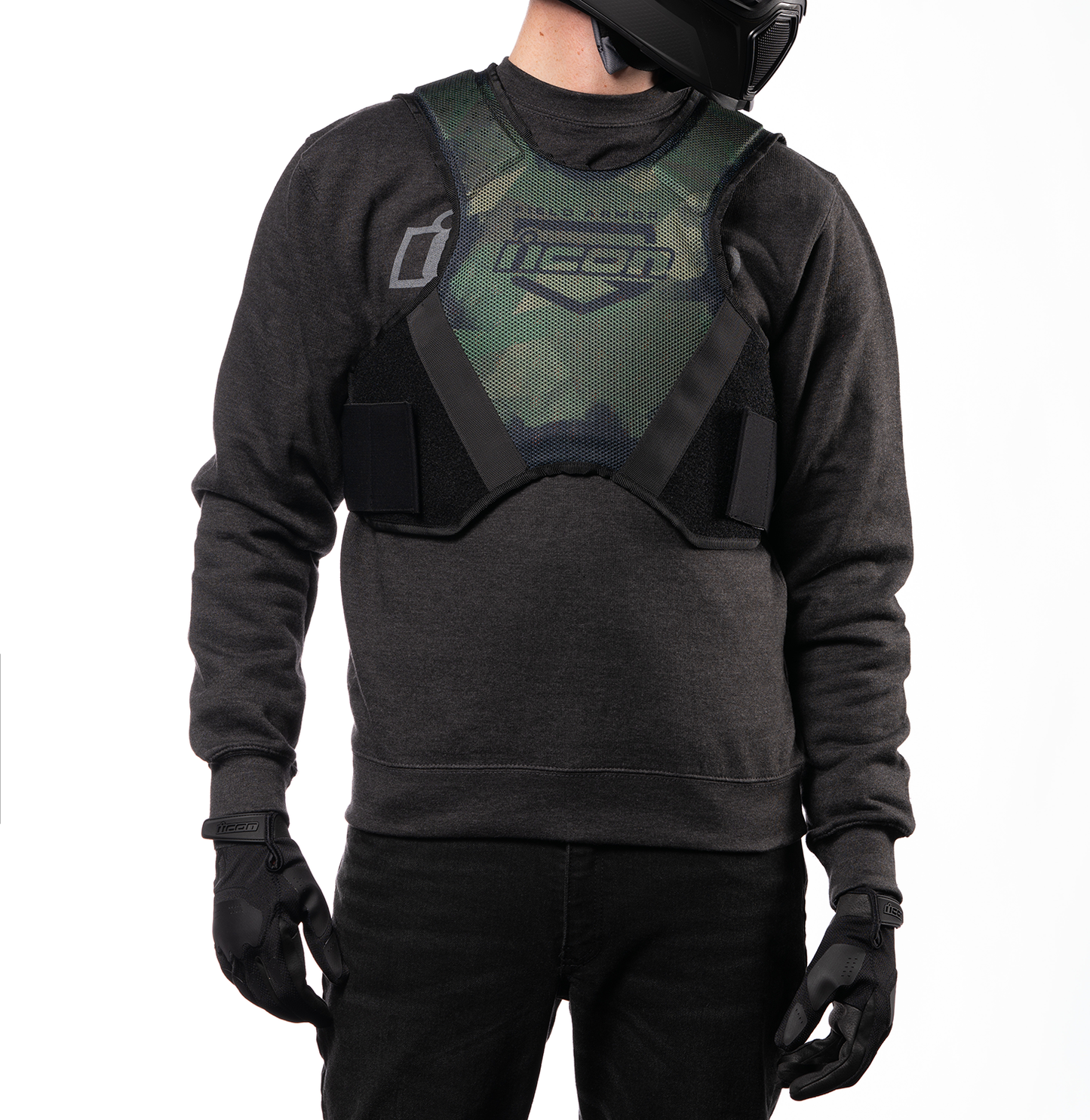 Bill's Exhausts ICON Softcore™ vest in green camo, small/medium size, shown on a hanger with detailed fabric texture.