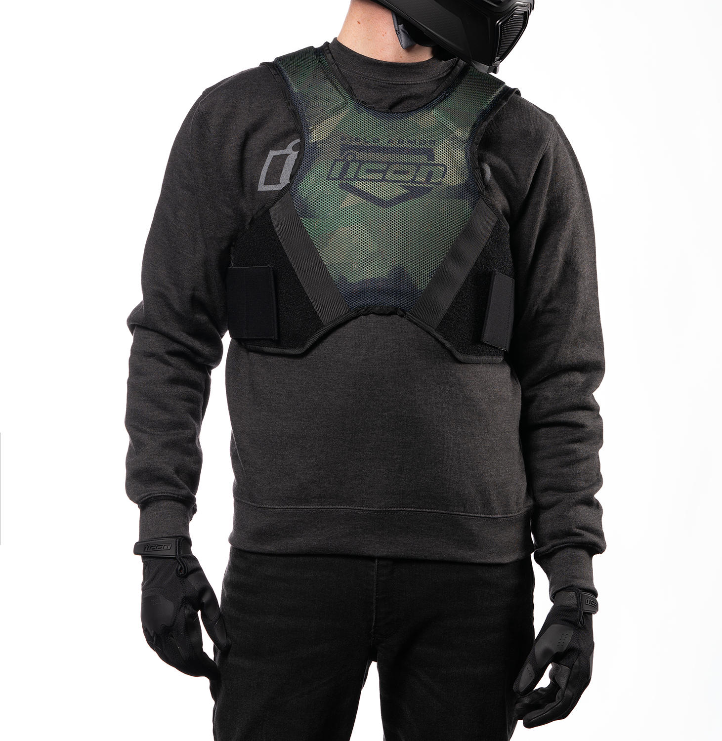Bill's Exhausts ICON Softcore™ vest in green camo, small/medium size, shown on a hanger with detailed fabric texture.
