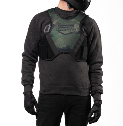 Bill's Exhausts ICON Softcore™ vest in green camo, small/medium size, shown on a hanger with detailed fabric texture.