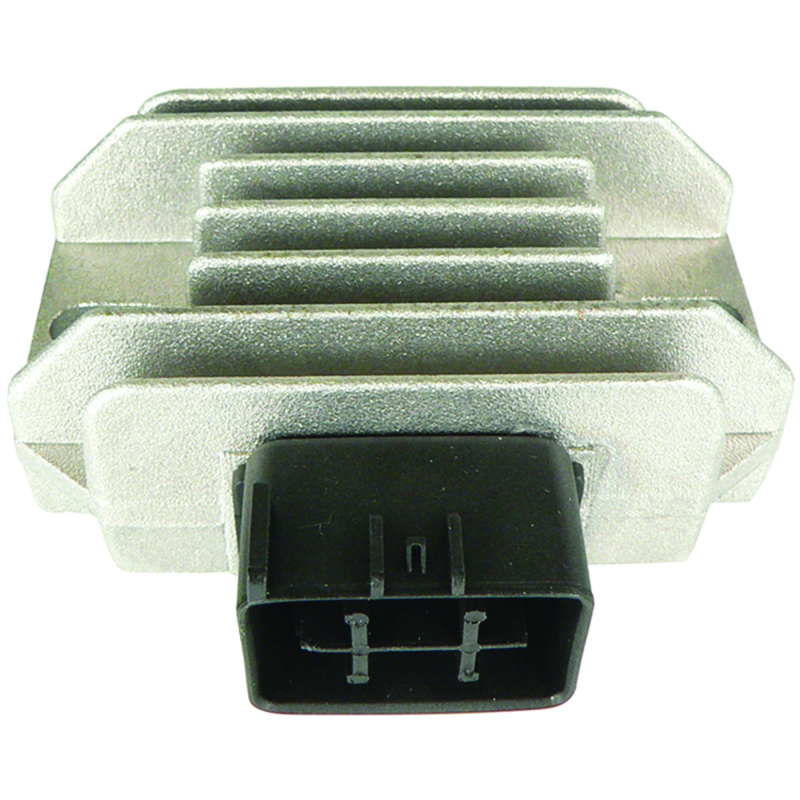 QuadBoss voltage regulator for Suzuki LT-F250 and Kawasaki KFX400, showing the black metal unit with mounting brackets.