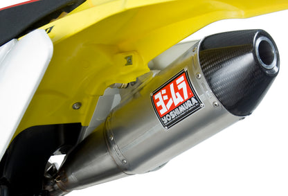 YOSHIMURA RS-4 exhaust header, canister, and end cap system with stainless steel and carbon fiber components, visible on motorcycle