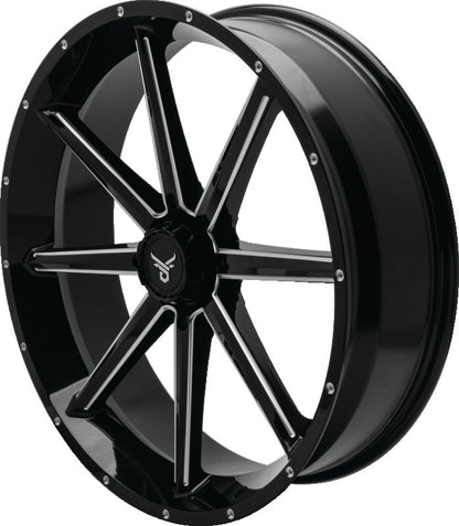 QuadBoss Slicer 24X7 off-road wheel with limited edition bull logo center caps, rugged black finish, and sturdy construction.