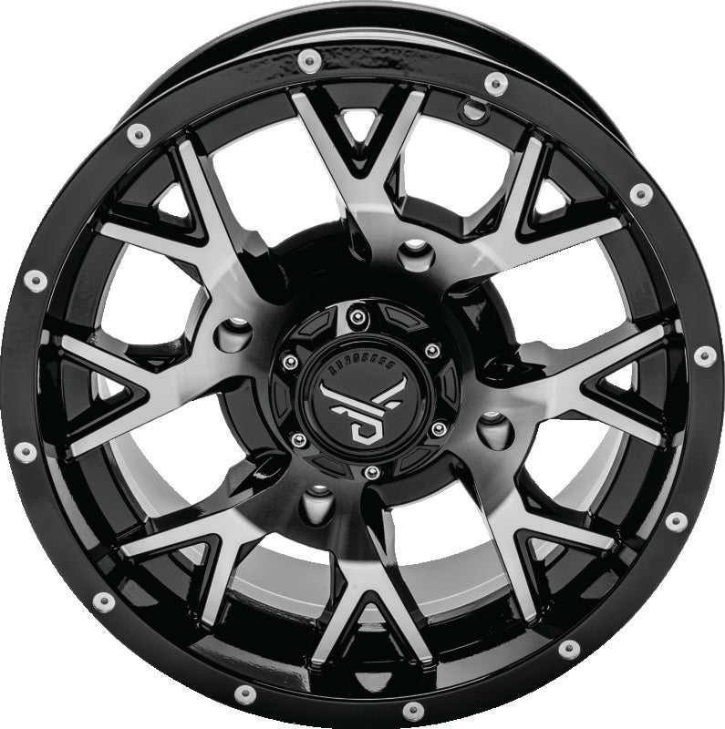 QuadBoss Barbwire 14x7 aluminum wheels for utility vehicles, featuring a durable, lightweight design with a black finish.