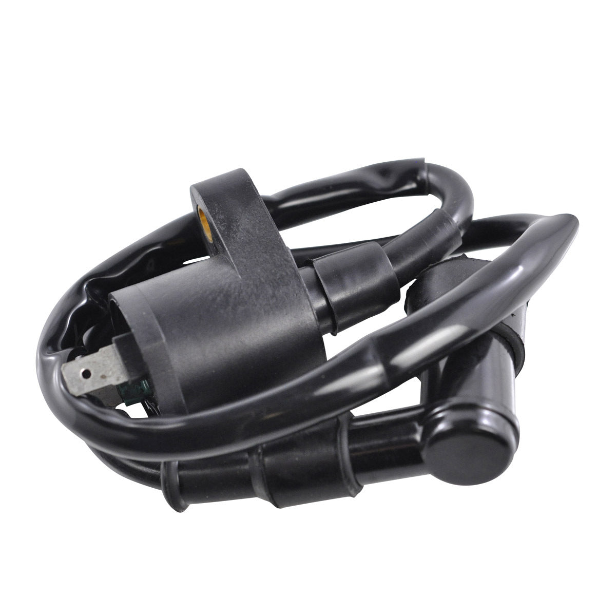 RM STATOR external ignition coil with spark plug cap, part RM06001, showing the coil and cap assembly for motorcycle ignition system.