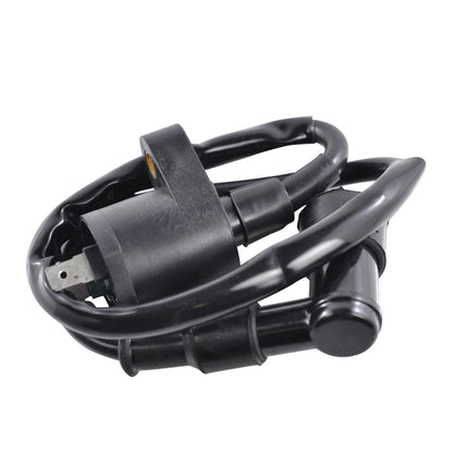 RM STATOR external ignition coil with spark plug cap, part RM06001, showing the coil and cap assembly for motorcycle ignition system.