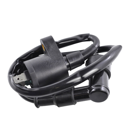 RM STATOR external ignition coil with spark plug cap, part RM06001, showing the coil and cap assembly for motorcycle ignition system.