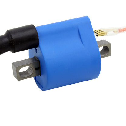 RM STATOR external ignition coil with spark plug cap, part RM06003, shown in close-up image of the motorcycle ignition system.