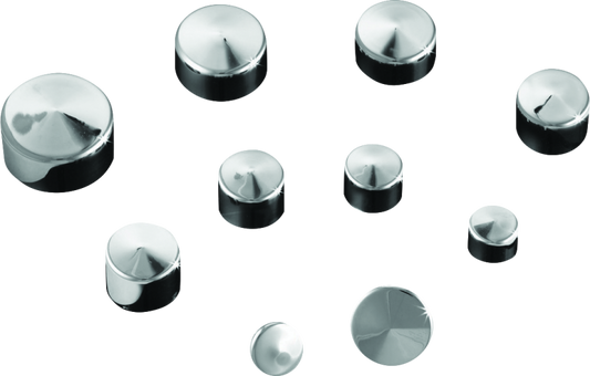 Kuryakyn Kool Kaps 5/16 inch socket head chrome bolt covers on motorcycle bolts for a sleek, polished appearance.