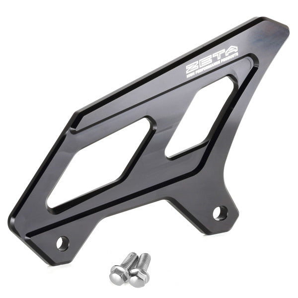 Black ZETA heel guard for Honda and Yamaha motorcycles, part ZE81-2051, shown on a motorcycle in the image.
