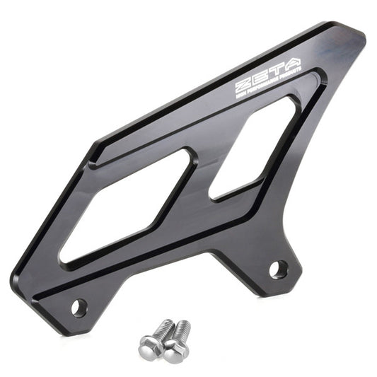 Black ZETA heel guard for Honda and Yamaha motorcycles, part ZE81-2051, shown on a motorcycle in the image.