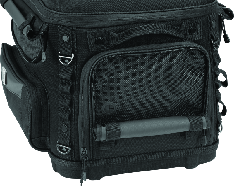 Kuryakyn Grand Pet Palace motorcycle pet carrier with mesh sides and zippered openings, designed for secure travel.