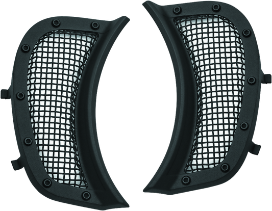 Kuryakyn Mesh Headlight Vent Accents for Harley-Davidson Road Glide models, showcasing chrome finish and mesh design details.
