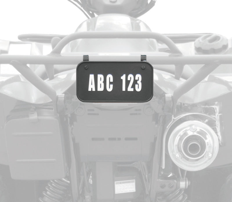 Black QuadBoss ATV license plate kit mounted on powersports vehicle for secure and durable license display.