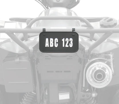 Black QuadBoss ATV license plate kit mounted on powersports vehicle for secure and durable license display.